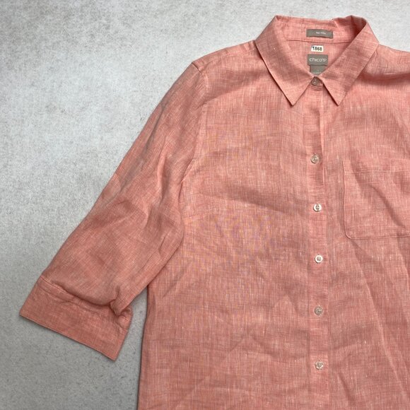 Chicos No Iron Tunic Shirt Women's 1 Salmon 3/4 Sleeve 100% Linen Blouse Dress - Picture 6 of 10